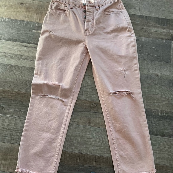 Light blue pull over sweatshirt.High wasted peachy color jeans . - Picture 2 of 4